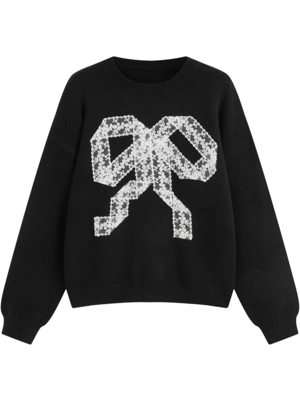 Cozy Bow Lace Long Sleeve Knit Pullover Sweater for Women - Cute & Stylish
